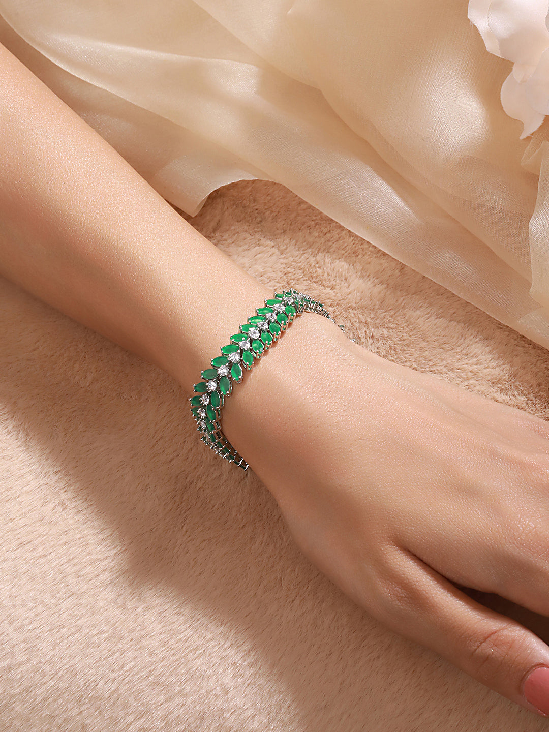 Silver Plated Emerald Green Designer Luxe Wraparound Tennis Bracelet